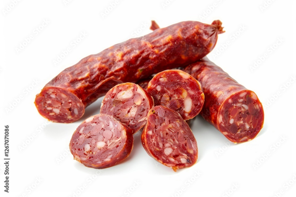 Rustic smoked sausages on white background. Artificial intelligence image Rustic smoked sausages on white background. Artificial intelligence image