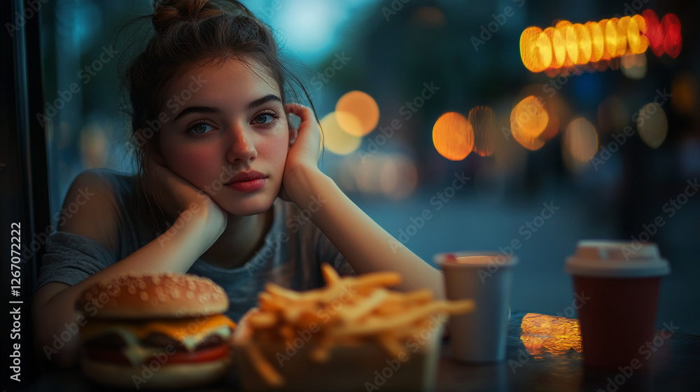 Young woman enjoying a quiet evening at a cozy diner with a burger, fries, and coffee while lost in thought Young woman enjoying a quiet evening at a cozy diner with a burger, fries, and coffee while lost in thought