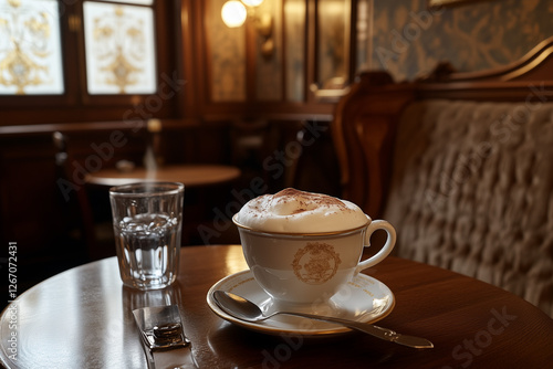 Viennese Melange Coffee | Elegant White Porcelain Cup | Traditional Austrian Café Interior