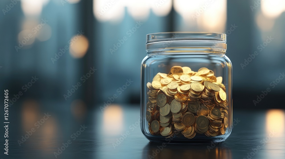 A digital rendering of a savings jar with a futuristic gold icon inside, symbolizing smart saving for gold investment. A digital rendering of a savings jar with a futuristic gold icon inside, symbolizing smart saving for gold investment.