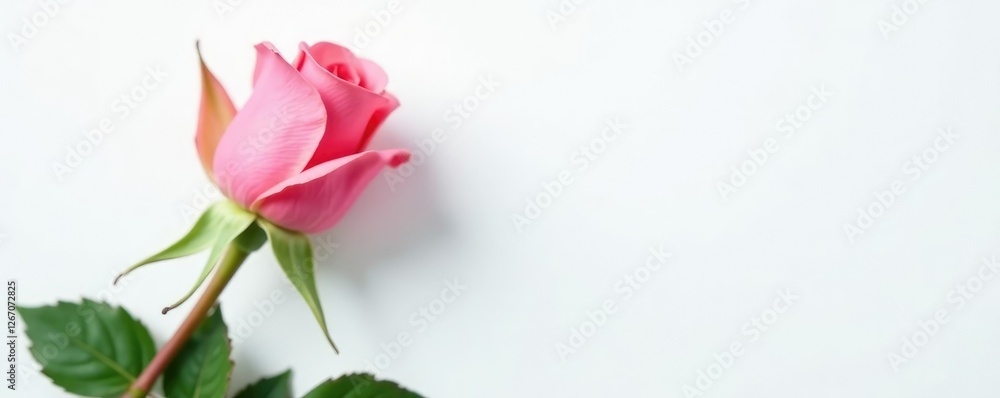 Obraz premium Delicate rose bud unfolding on a crisp white background, bud, green foliage
