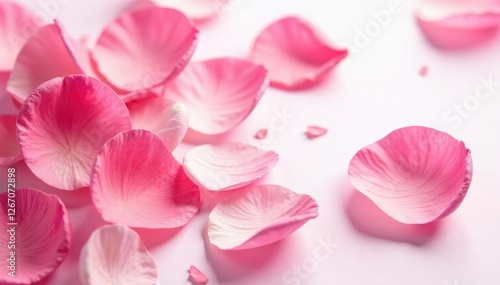 Delicate rose petals scattered on a pure white background, texture, soft, petal