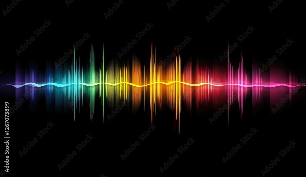 Rainbow sound wave digital art, dark background, music visualizer