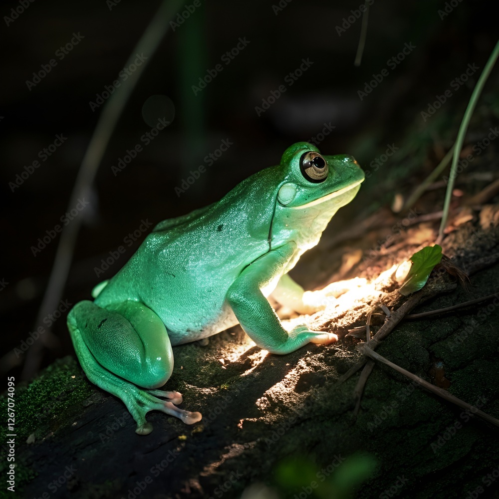 Naklejka premium Green Tree Frog in the Forest at Night – Illuminated Amphibian on a Log