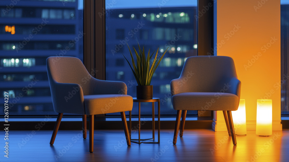 Fototapeta premium Cozy modern living room with two chairs, plant, and ambient lighting