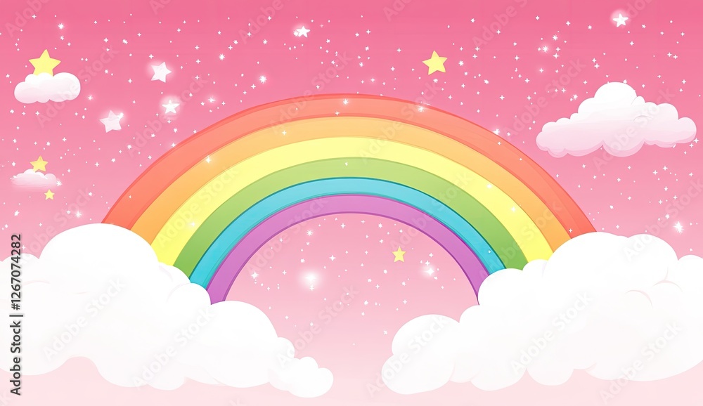 Pink sky, rainbow, clouds, stars, sparkle, design, illustration, background, dreamy, cute Pink sky, rainbow, clouds, stars, sparkle, design, illustration, background, dreamy, cute