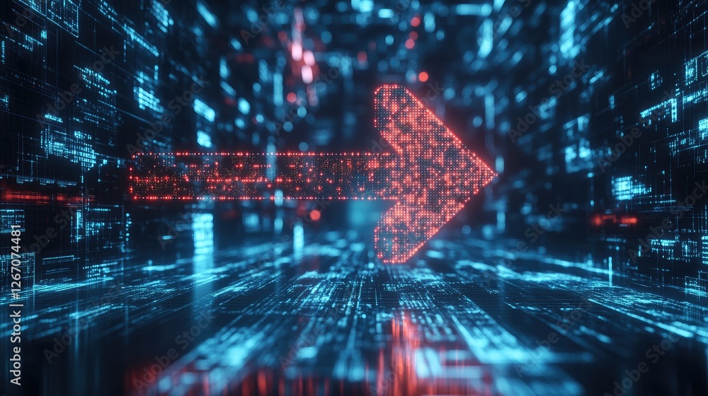 Obraz premium A futuristic holographic arrow floating in mid-air, representing virtual success, digital transformation, and futuristic growth.