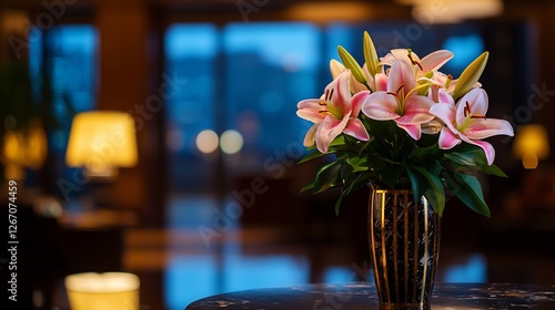 Elegant Lily Flower Arrangement in a Luxurious Vase with Gold Accents on Marble Table