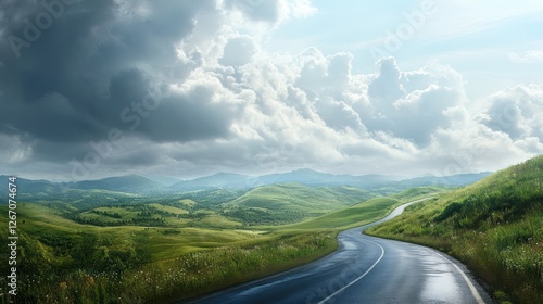 Scenic Winding Road Through Rolling Green Hills Under a Dramatic Sky