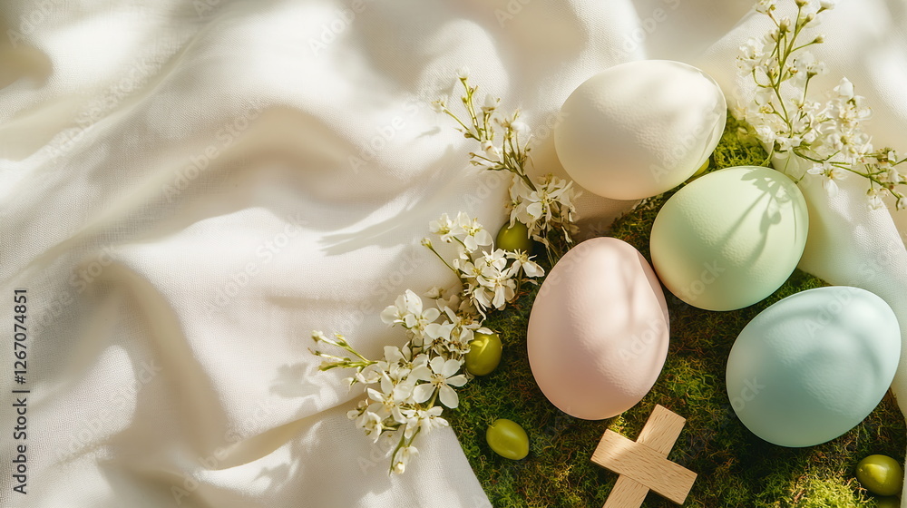 Pastel-colored eggs on mossy base with small wooden crosses, olive sprigs. Background is textured cream fabric with shadows of nearby flowers. Easter concept. Horizontal web banner for social media Pastel-colored eggs on mossy base with small wooden crosses, olive sprigs. Background is textured cream fabric with shadows of nearby flowers. Easter concept. Horizontal web banner for social media