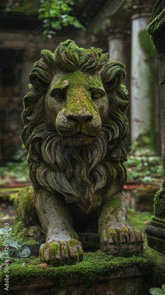 Moss-Covered Lion Statue, A Testament to Time and Nature's Embrace Moss-Covered Lion Statue, A Testament to Time and Nature's Embrace