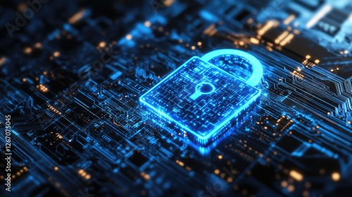 Wallpaper Mural A glowing blue padlock on a circuit board background, symbolizing strong encryption and network security. Torontodigital.ca