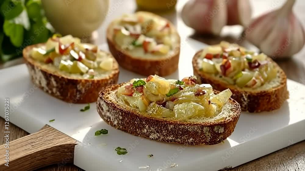 Delicious garlic and herb toasts served on a wooden cutting board in a sunny kitchen setting Delicious garlic and herb toasts served on a wooden cutting board in a sunny kitchen setting