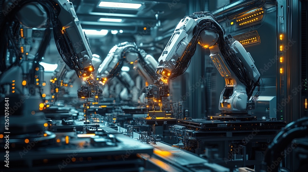 A futuristic lab scene with glowing robotic arms assembling intricate devices, dynamic and precise A futuristic lab scene with glowing robotic arms assembling intricate devices, dynamic and precise