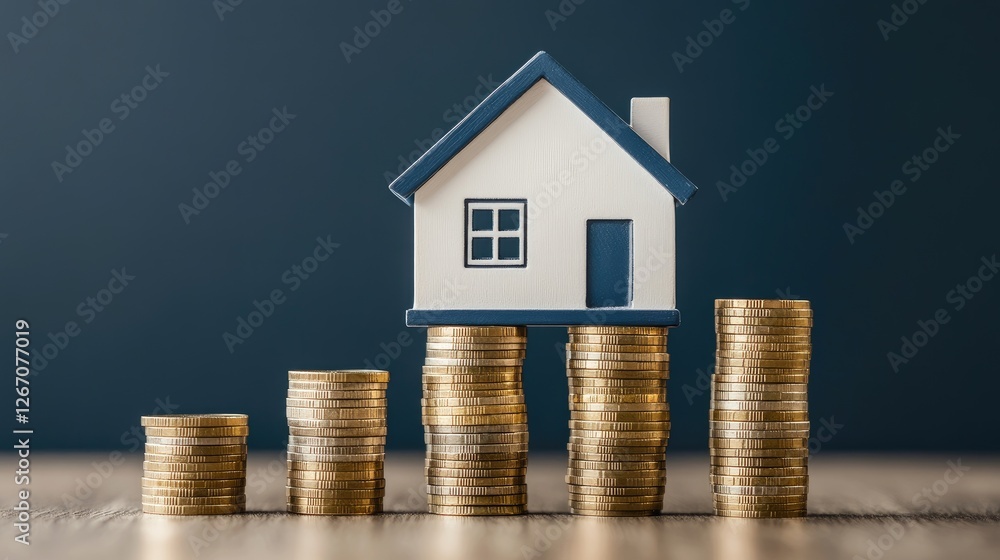 A house model placed on top of a bar graph with increasing coin stacks, symbolizing financial growth for buying a home. A house model placed on top of a bar graph with increasing coin stacks, symbolizing financial growth for buying a home.