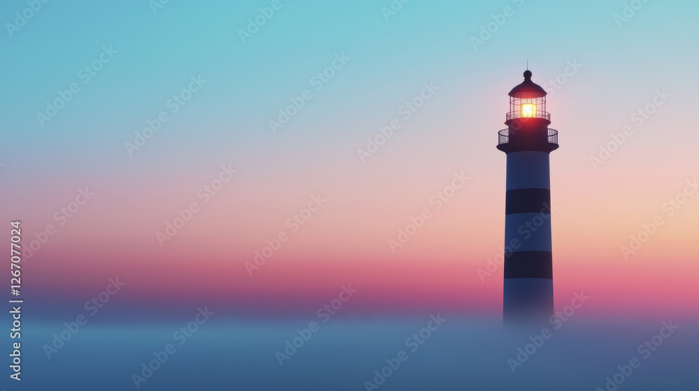 serene lighthouse stands tall against colorful twilight sky, illuminating fog serene lighthouse stands tall against colorful twilight sky, illuminating fog