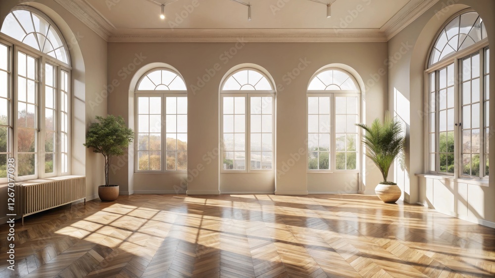 Sunlit Empty Room with Hardwood Floors and Large Arch Windows Sunlit Empty Room with Hardwood Floors and Large Arch Windows
