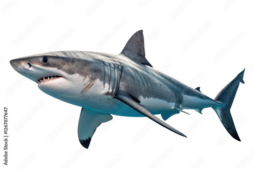 Fototapeta premium Majestic Great White Shark Swimming Gracefully in Clear Ocean Waters Under Bright Sunlight