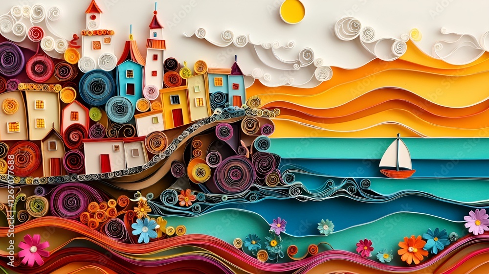 Urban Tourist attractions paper quilling concept. Colorful paper art depicting a coastal town with waves and a sailboat under a vibrant sunset. Urban Tourist attractions paper quilling concept. Colorful paper art depicting a coastal town with waves and a sailboat under a vibrant sunset.