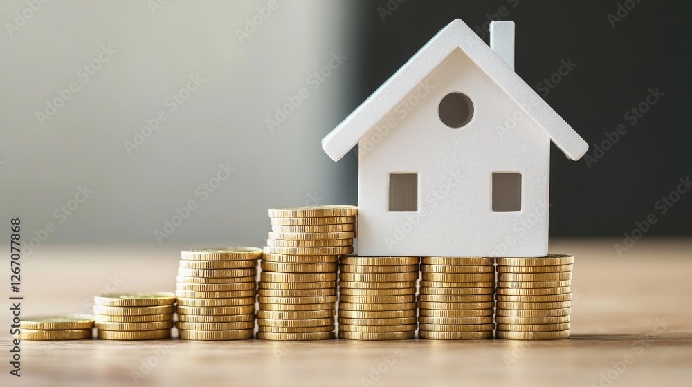 A minimalist concept of a house model on a staircase of increasing gold coins, symbolizing home affordability planning. A minimalist concept of a house model on a staircase of increasing gold coins, symbolizing home affordability planning.