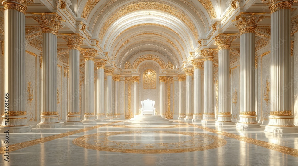 Grand opulent hall with golden accents and majestic throne illuminated by soft light Grand opulent hall with golden accents and majestic throne illuminated by soft light