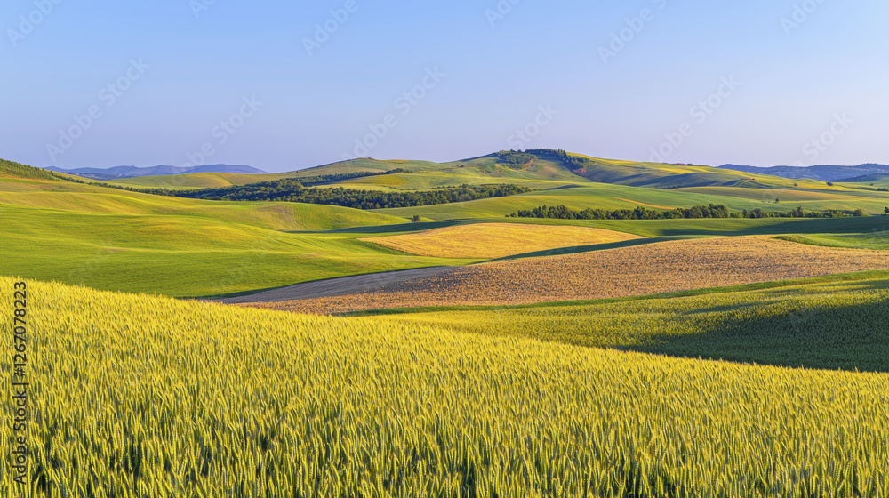 Fototapeta premium Lush green hills and fields under clear blue sky create serene landscape. vibrant colors evoke sense of tranquility and natural beauty