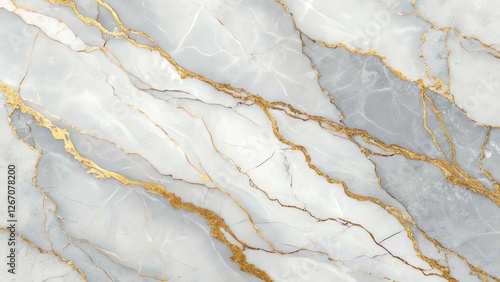 A luxurious marble texture background with white and gold veins running through a soft gray base. High detail, polished surface, elegant and refined.