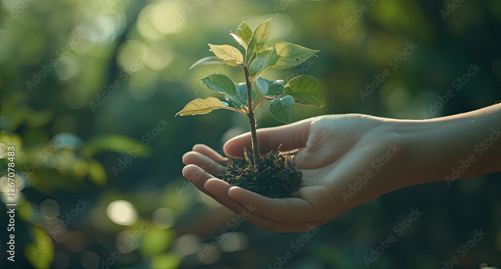 Child's hand holding sapling, forest background, new life, environmental Child's hand holding sapling, forest background, new life, environmental