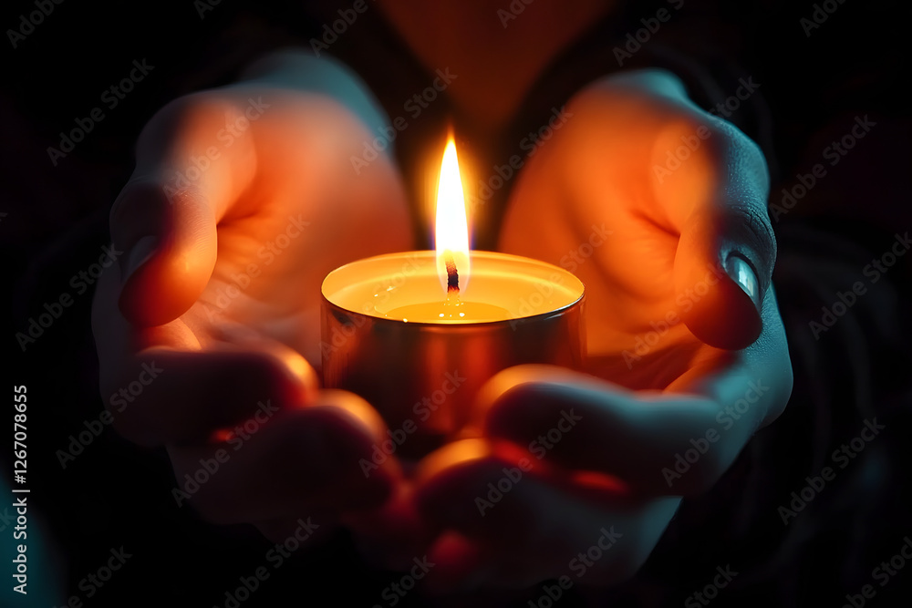 Burning candle in hands with selective focus. Concept symbol. AI generated, human enhanced Burning candle in hands with selective focus. Concept symbol. AI generated, human enhanced