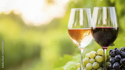 Enjoy serene moment with two wine glasses, one white and one red, surrounded by fresh grapes in vineyard setting photo