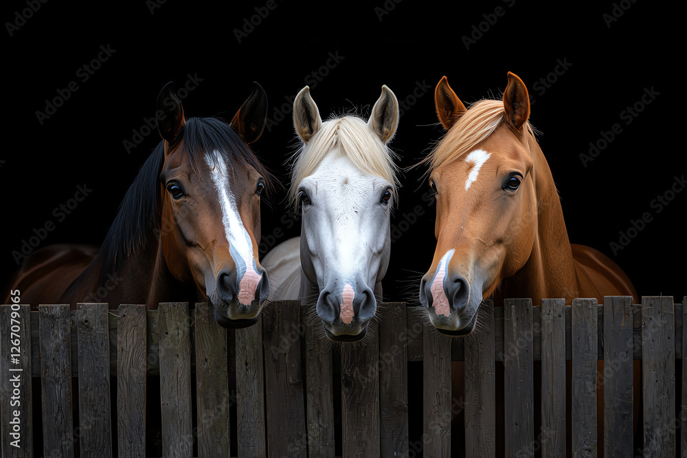 Obraz premium Three horses in stable look out over wooden fence, showcasing their distinct colors against dark background