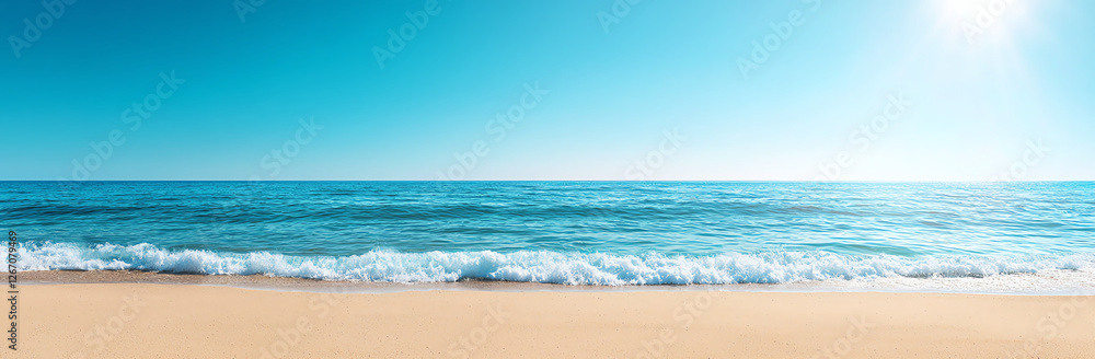 panoramic view of beautiful turquoise sea with waves gently lapping against sandy beach under clear blue sky. serene and tranquil scene evokes sense of peace and relaxation panoramic view of beautiful turquoise sea with waves gently lapping against sandy beach under clear blue sky. serene and tranquil scene evokes sense of peace and relaxation