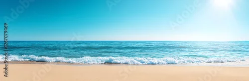 Panel kuchenny z motywem panoramic view of beautiful turquoise sea with waves gently lapping against sandy beach under clear blue sky. serene and tranquil scene evokes sense of peace and relaxation