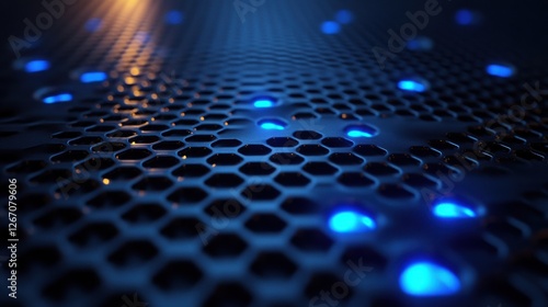 Modern Dark background of hexagonal carbon fiber with electric blue luminous lines and highlights background 