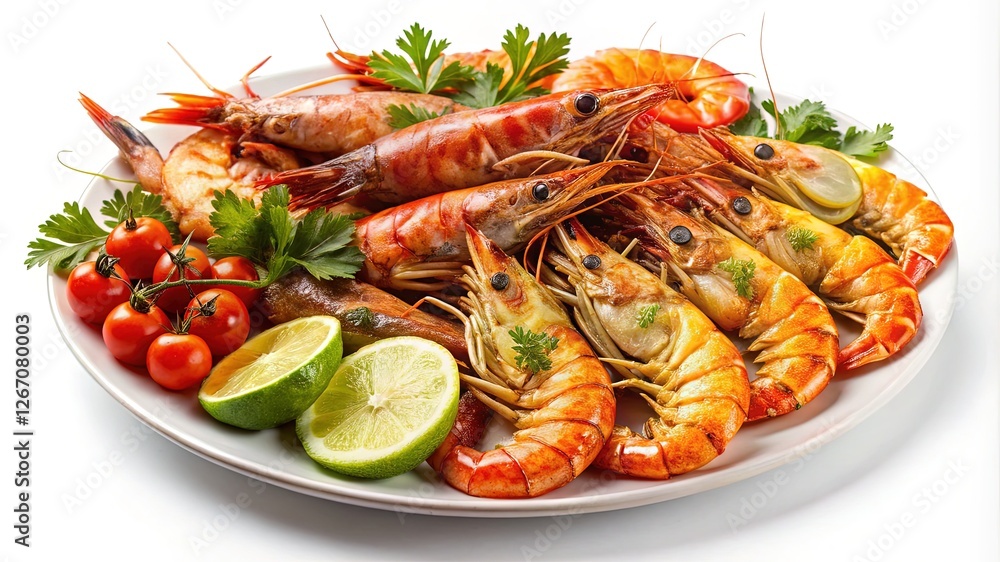 Grilled shrimp platter with lime and herbs - A plate of grilled shrimp garnished with lime, cherry tomatoes, and fresh herbs, offering a seafood delicacy perfect for gourmet dining.
Grilled shrimp platter with lime and herbs - A plate of grilled shrimp garnished with lime, cherry tomatoes, and fresh herbs, offering a seafood delicacy perfect for gourmet dining.