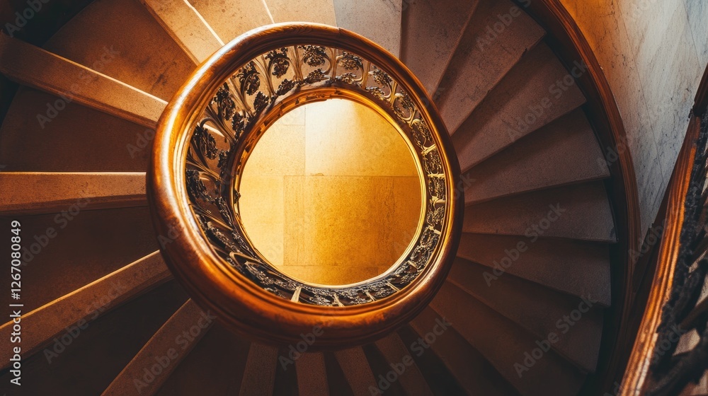 Obraz premium A spiral staircase with a bright light at the top, symbolizing steady progress and goal achievement.