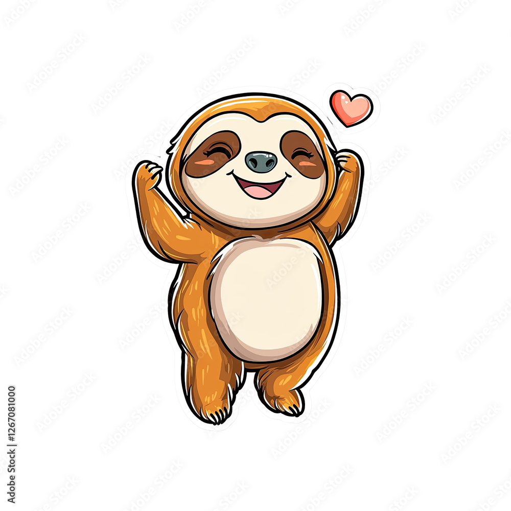 Fototapeta premium Happy Dancing Sloth Cartoon Character with Heart - Cute Animal Illustration