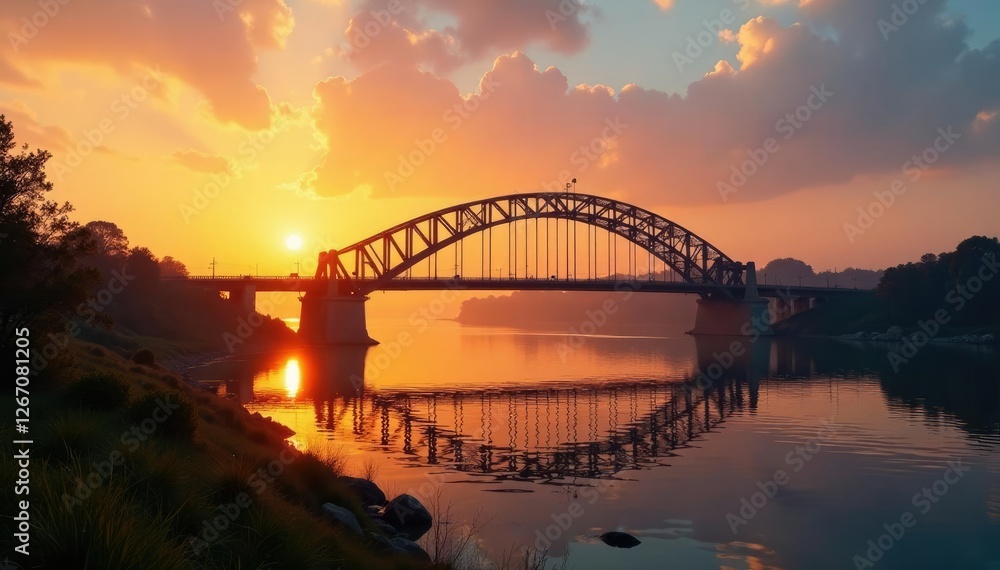 The clapper bridge is bathed in warm sunlight as the sun rises above the river, sunrise, bridge The clapper bridge is bathed in warm sunlight as the sun rises above the river, sunrise, bridge