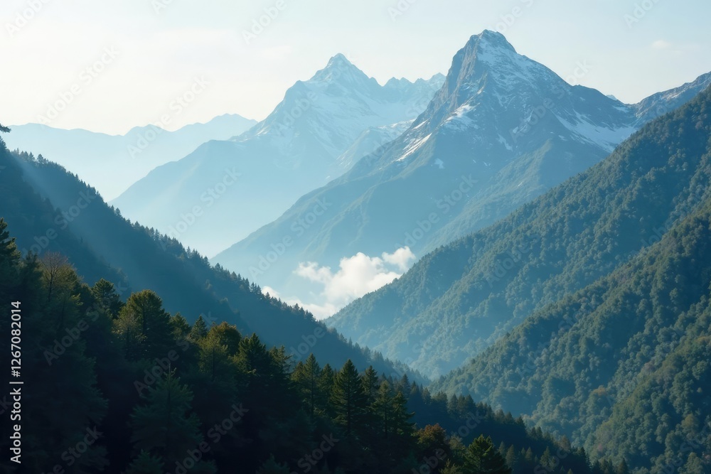 Fototapeta premium Towering mountain peaks with misty atmosphere, forest, mountains, environment