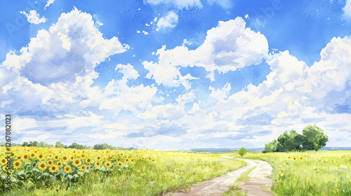 vibrant landscape featuring sunflower field under bright blue sky with fluffy clouds, evoking sense of tranquility and beauty