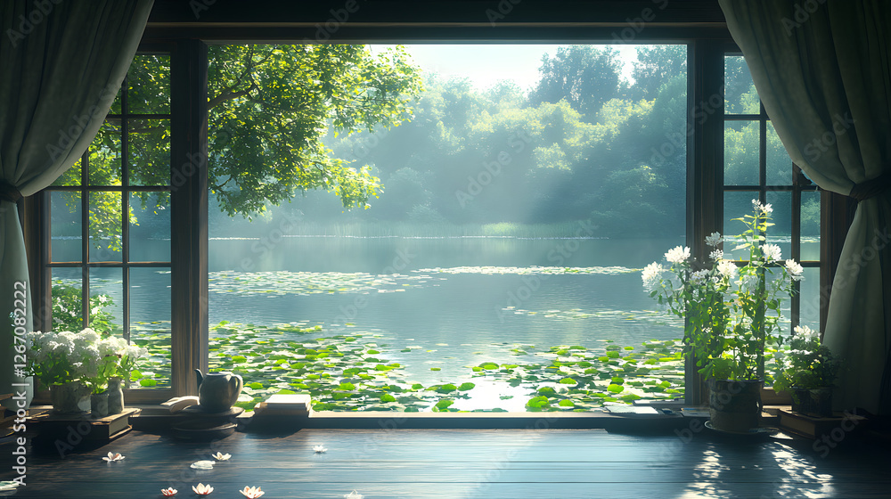 Serene View from Window: A captivating view from a window showcases a tranquil lake embraced by lush greenery and the soft hues of a sunlit ambiance, evoking a sense of peace. Serene View from Window: A captivating view from a window showcases a tranquil lake embraced by lush greenery and the soft hues of a sunlit ambiance, evoking a sense of peace.