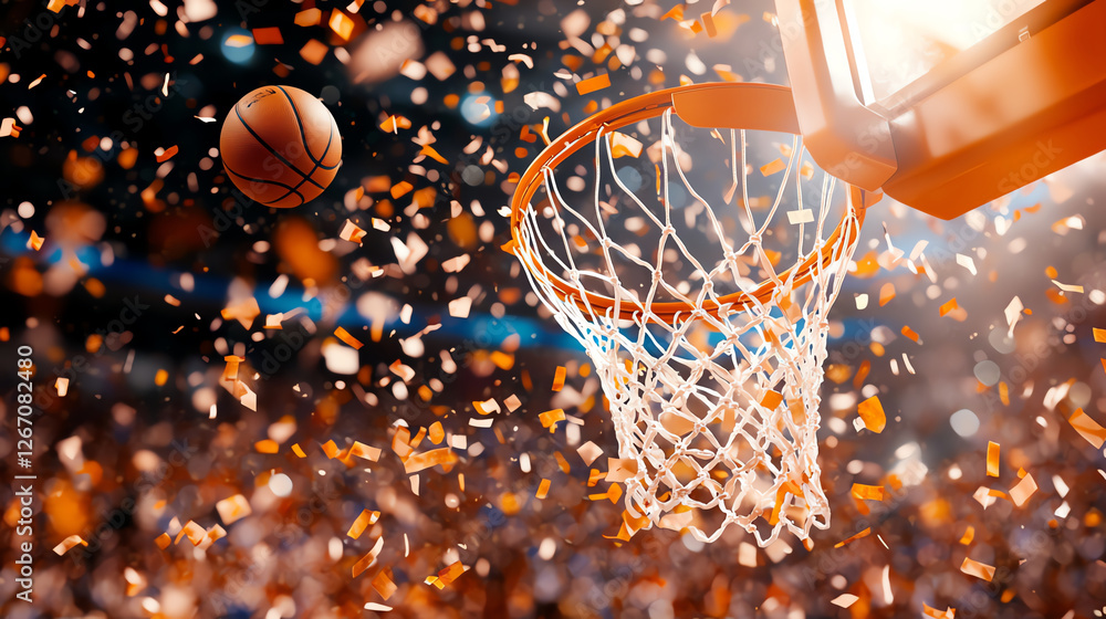 basketball soars towards hoop as confetti fills air, capturing excitement of game winning moment. cheering crowd adds to vibrant atmosphere of scene basketball soars towards hoop as confetti fills air, capturing excitement of game winning moment. cheering crowd adds to vibrant atmosphere of scene