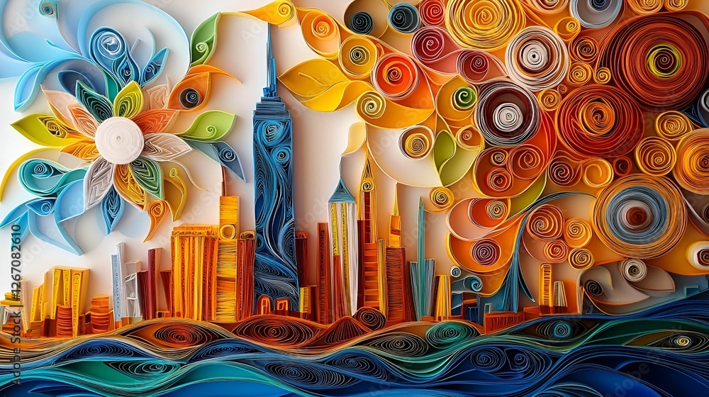 Obraz premium Urban Tourist attractions paper quilling concept. Colorful abstract city skyline with flowers and swirls, showcasing vibrant artistry and urban life.