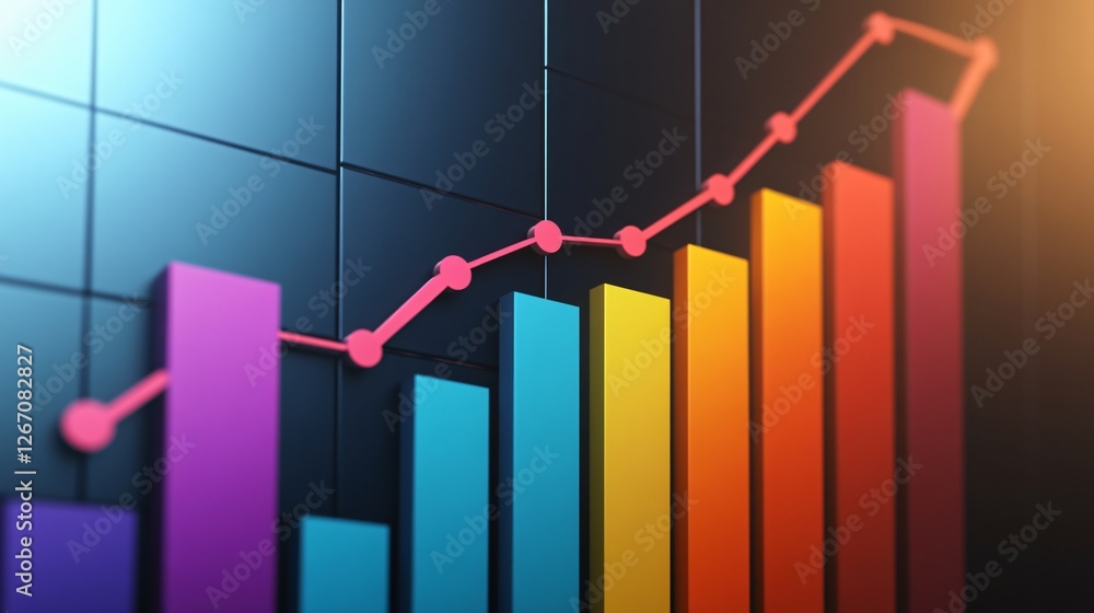 Colorful bar graph with increasing values and rising trend line against a dark background, suggesting growth and success. Colorful bar graph with increasing values and rising trend line against a dark background, suggesting growth and success.
