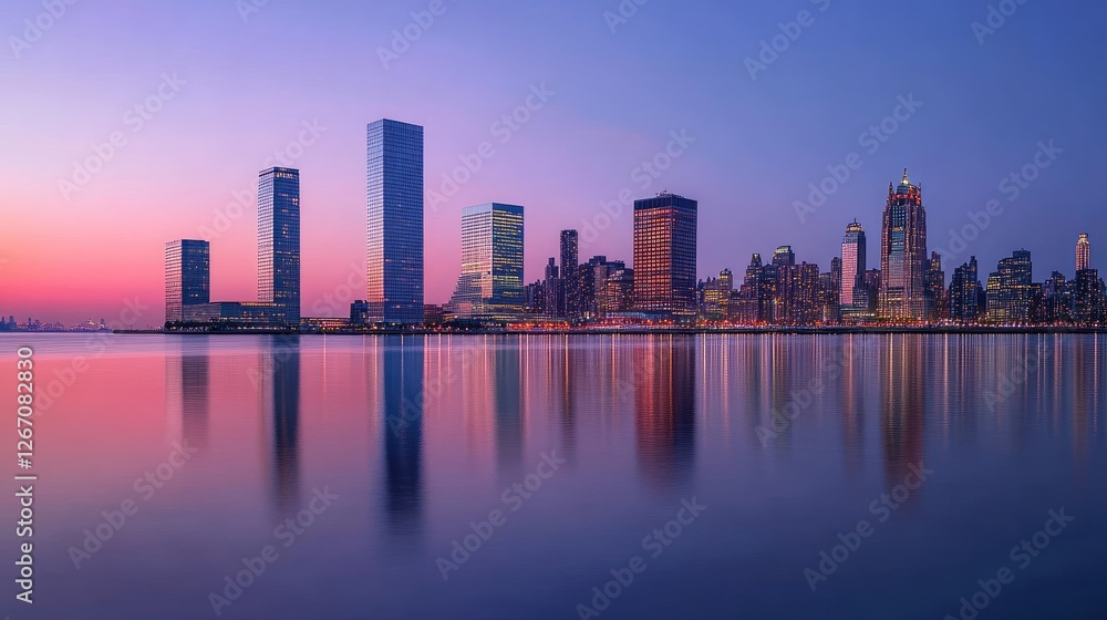 Obraz premium Silhouettes of iconic corporate towers reflecting on calm waters at dusk.