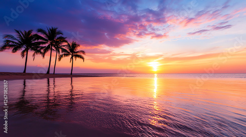 stunning sunset over exotic beach with palm trees reflecting on calm water, creating serene and picturesque scene