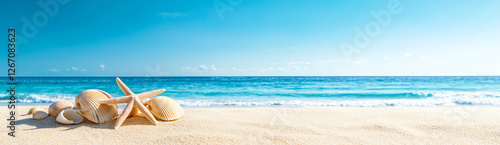 panoramic view of sandy beach with seashells and clear blue sky