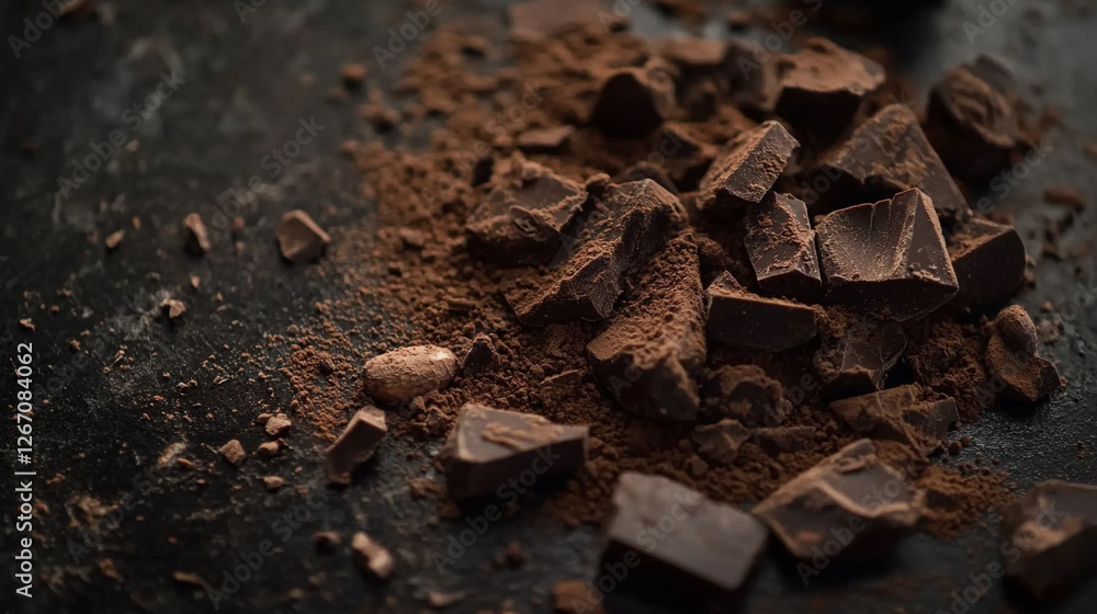 Rich dark chocolate chunks scattered on a dark surface creating an inviting and indulgent atmosphere for dessert lovers Rich dark chocolate chunks scattered on a dark surface creating an inviting and indulgent atmosphere for dessert lovers