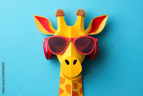 Colorful paper art of a cheerful giraffe wearing sunglasses and headphones against a bright blue background photo