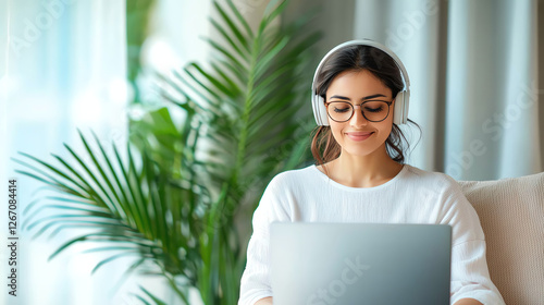 woman wearing headphones is using laptop in bright room with plant, enjoying relaxed moment